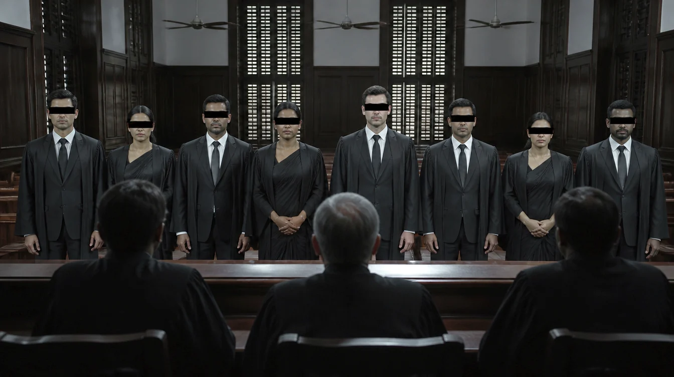 Seen from behind an appellate bench: three judges in silhouette, facing a row of standing counsel with their eyes covered by black bars. The men wear the black gown over a dark suit; the women wear it over a black saree.